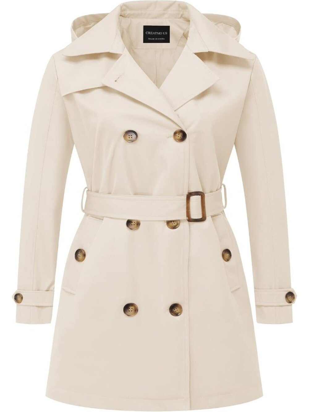 Women Beige Cuff Sleeve Classic Lapel DoubleBreasted Detachable Hood Trench Coat